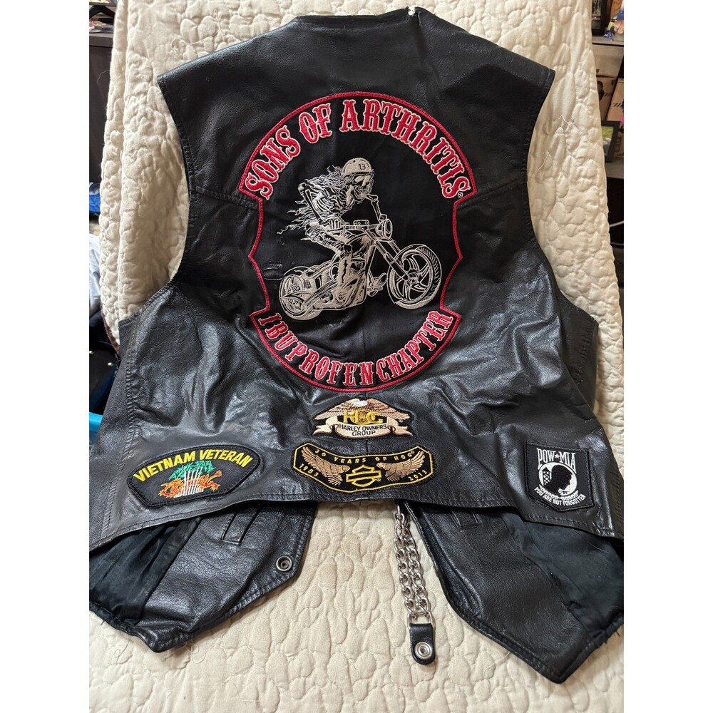 VTG Branded Garments Inc Leather Biker Vest XL patches and pins HOG Veteran POW